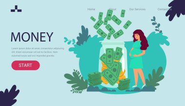 Genç hamile kadın çantası. Hamile kadın ve para. Beyaz arkaplanda izole edilmiş vektör düz tasarım çizimleri.