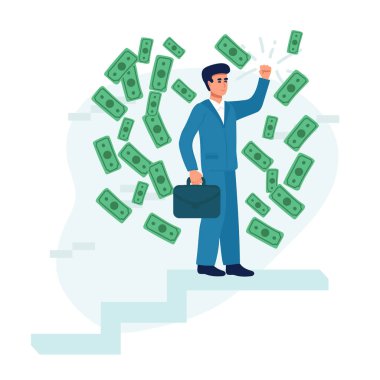 İş hayatında başarı, başarı ya da iş hedefine ulaşma umudu, ödül ve motivasyon konsepti, kendinden emin akıllı iş adamı, değerli yıldız ödülünü almak için en tepeye tırmandı..