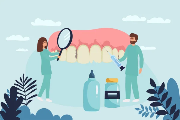 Clínica Dental Concepto Salud Mujer Hombre Dentistas Personajes Dibujos Animados — Archivo Imágenes Vectoriales