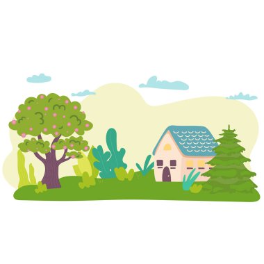 Doğanın güzel bir manzarası. Sabah, dağ treninin üzerinden doğan güneş manzarası. Manzara vektör çizimi.,