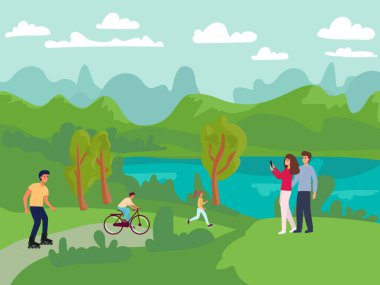 Aile parkta. Şehir parkı aktivitesi, sezon yürüyüşü pleisure. Mutlu çocuklar, zıplayan ve oynayan kadın. Ebeveynler çocuk vektör illüstrasyonuyla yürüyor