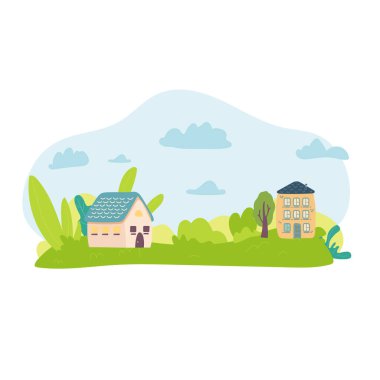 Doğanın güzel bir manzarası. Sabah, dağ treninin üzerinden doğan güneş manzarası. Manzara vektör çizimi..