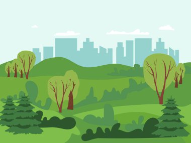 Vektör çizimi güzel yaz alanları yatay, bir şafak, yeşil tepeler, parlak renk mavi gökyüzü, ülke arka planda düz çizgi film tarzı afiş.