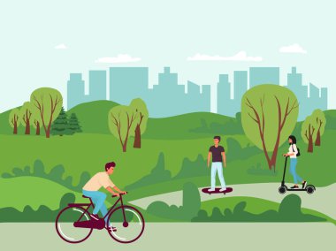 Park, bisiklete binen adam, scooter, kaykay. Şehir parkı aktivitesi, sezon yürüyüşü pleisure. Zıplayan ve oynayan mutlu kadın. Ebeveynler çocuk vektör illüstrasyonuyla yürüyor,