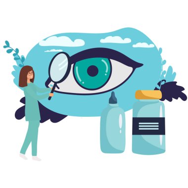 Oftalmoloji tıbbı ve optik görme muayenesi. Göz bakımı ve vizyon fikri. Oftalmolog doktor miyopları test ediyor. Hasta bakışı düzeltme, ilaç damlaları ve gözlüklerle tedavi.