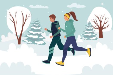 Bir çift koşucu açık hava sahne tasarımı Koşu sporu, sıcak kıyafetler kış manzarasının arka planında koşuyor. Genç kız spora gider. Stil vektör tasarımı çizimleri. Çizgi film. Kışın koşar