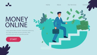 İniş sayfası İş hayatında başarı, başarı ya da iş hedefine ulaşma motivasyon konsepti akıllı iş adamı merdivenlerden çıkıp değerli yıldız ödülünü kapmaya çalışıyor.