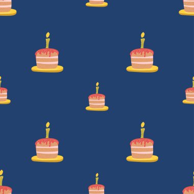 Kusursuz desen, kek ve bir parça kek mor, pembe kremalı, jöleli ve yanan mum. Kartpostal, doğum günü, web, tasarım, sanat, davet, selamlama için tatil vektör illüstrasyonuName