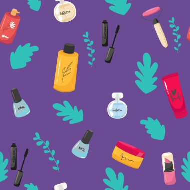 Makyaj, parfüm, kozmetik seamless modeli. Tırnak cilası, maskara, ruj, göz gölgeler, fırça, toz, dudak parlatıcısı, dudaklar.