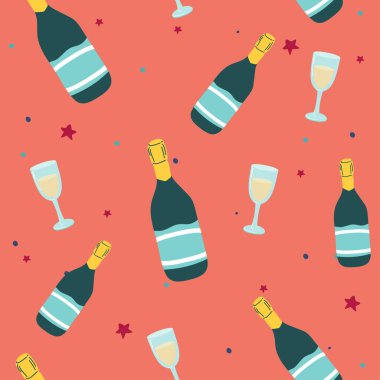 Champagne, Prosecco, Cava Celebration, New Year, Seamless Vector Pattern, Background.