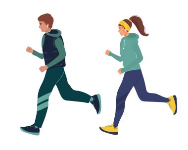 set of Couple runner running outdoor scene design Running sport, warm clothes runs against background of winter landscape. young girl goes in for sports. Hand drawn style vector design illustrations. cartoon.