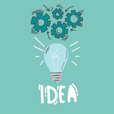 Işıklı ampul. Çizgi film tarzı. Düz stil. El çizimi stili. Doodle tarzı. Yaratıcılığın, yeniliğin, ilhamın, icadın ve fikrin sembolü. Vektör illüstrasyonu,