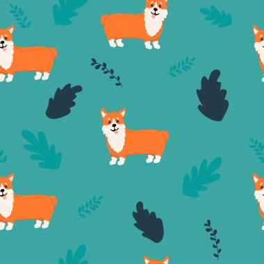 Şirin Corgi 'li kusursuz vektör deseni. Köpeklerin geçmişi. Tekstil, ambalaj kağıdı, duvar kağıdı basmak için birebirdir.