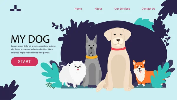 Cartoon Dogs Banner Landing Page Spitz French Mastiff Labrador — Stock Vector