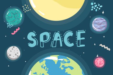 Dünya yüzeyinde güneş ışığı ile Planet dünya kozmik gece görünümü astronomik gerçekçi poster vektör illüstrasyon,