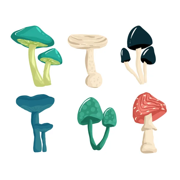 Jogo Cogumelos Estilo Desenho Mão Cogumelos Abstratos Psicadélicos Estilo Hippie — Vetor de Stock
