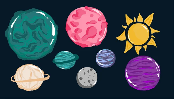 宇宙ゲームのユーザーインターフェイス UiまたはGuiデザインのエイリアン惑星ベクトル漫画セット クレーター 小惑星や衛星 氷の結晶と流星リングを持つファンタジー銀河宇宙惑星や星 — ストックベクタ