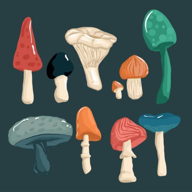 Set of mushrooms in the hand drawing style. Psychedelic abstract mushrooms, hippie style. Vector illustration isolated on a white background.
