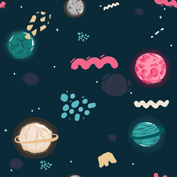 Space Seamless Pattern Planets Stars Doodle Cartoon Cute Saturn Planet — Stockvektor