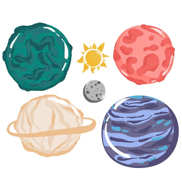 外星行星矢量卡通集的空间游戏用户界面 Ui或Gui设计 幻想星系宇宙中的行星和有陨石坑 小行星和卫星 冰晶和流星环的恒星 — 图库矢量图片