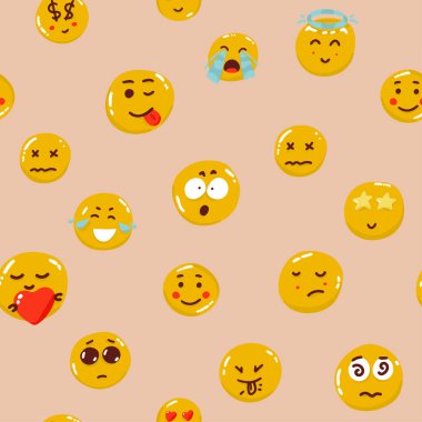 Pastel colors smile emoticons pattern. Smiley in pink, blue, yellow and beige, modern, minimal and soft design. Art for fabric, textile, giftware, wallpaper, book cover