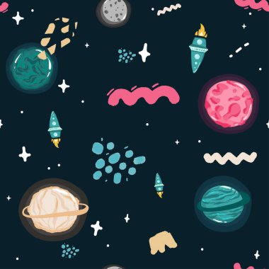 Space Seamless Pattern with Planets and Stars. Doodle Cartoon Cute Saturn Planet. Space Vector Background for Kids