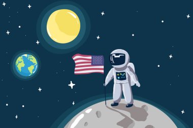 Cute little astronaut stand on the moon with USA flag.Space mission. Childish vector illustration,