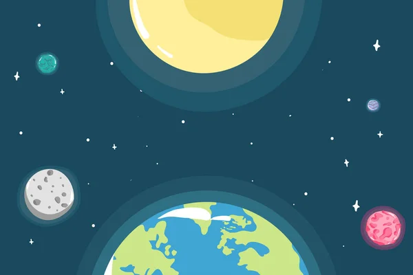 行星地球宇宙夜景与太阳光在地球表面的天文现实海报矢量插图 — 图库矢量图片