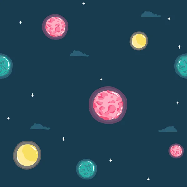 Space Seamless Pattern Planets Stars Doodle Cartoon Cute Saturn Planet — Wektor stockowy
