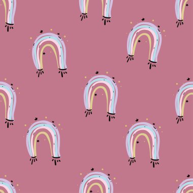 Seamless vector pattern with cute rainbows and hearts.
