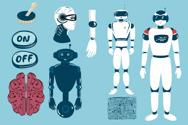 Set Alien Robots Future Technology Cartoon Characters Robotic Life Forms — Stock Vector