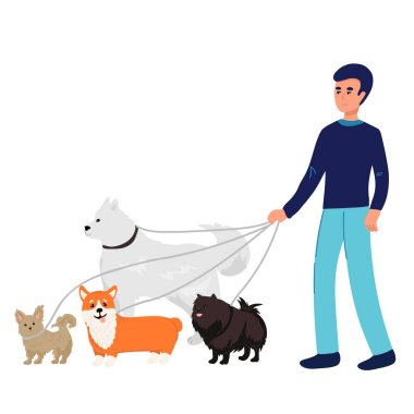Köpek bakıcısı kompozisyonu açık hava manzarası ve karalama erkek karakter şehir manzaralı arka plan illüstrasyonlu üç köpeği gezdiriyor