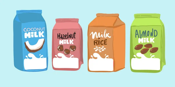 Set Aus Verschiedenen Pflanzlichen Milch Mandeln Reis Kokosnuss Sojabohnen Veganes — Stockvektor