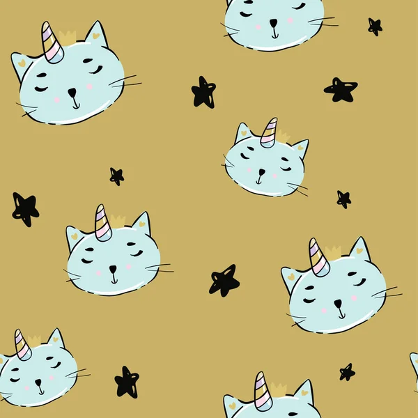 Cute Cat Caticorn Котенок Единорог Вектор Бесшовный Шаблон Kawaii Cat — стоковый вектор