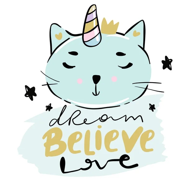 Catcorn Lovely Cartoon Cat Unicorn Face Lettering Text White Background — Stock Vector