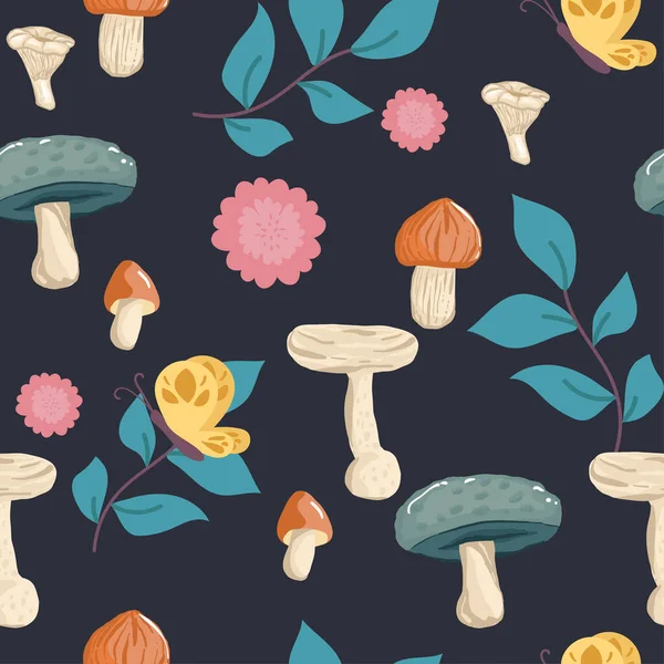 Mushroom Seamless Pattern Design Cute Mushrooms White Dots Green Background — Stock vektor