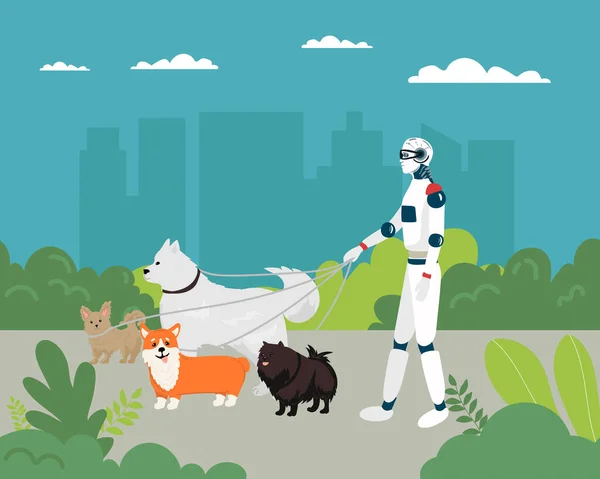 エイリアンロボット 未来の技術漫画のキャラクター 犬のベクトルを歩くロボット型生命体 未来型機械またはサイボーグ — ストックベクタ
