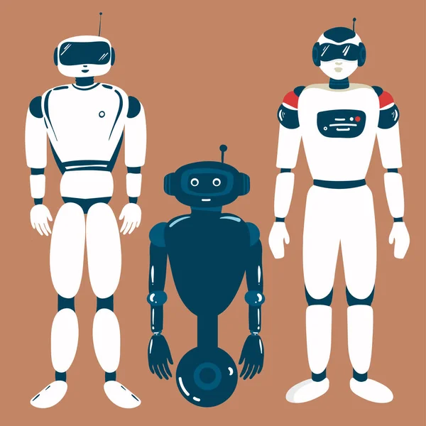 エイリアンロボット 未来の技術漫画のキャラクター 人工知能を持つロボット型生命体 未来型機械やサイボーグ労働者 手に爪や輝くネオンの目ベクトル — ストックベクタ