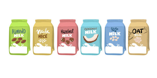 Set of three labels of of fruit in milk splashes. Strawberry, blueberry honey, vanilla, chocolate, coconut and almond. Vector. Set of different vegetable milk - almond, rice, coconut, soybeans. Vegan