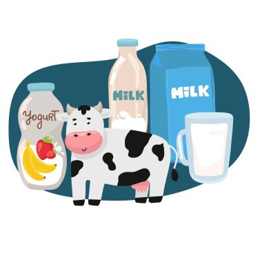 Ürün gösterimi için süt reklam şablonu. Süt paketi beyaz sıvılarla çevrili bir çiftlik adasında maket yapıyor..
