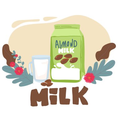 Sıvı sıçrama ve fındık, kapaklı karton konteyner üzerinde doğal içki marka, reklam için beslenme vegan sıvı ile kağıt pakette izole badem sütü. Süt paketleme ve reklam,