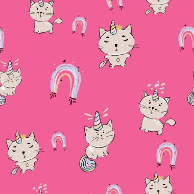 Şirin Kedi Caticorn ya da Kedicik Tekboynuz vektörünün dikişsiz şekli. Lolipoplu Kawaii Kedi Tekboynuz. Çocuklar için izole vektör çizimi baskılar, posterler, tişörtler, çıkartmalar