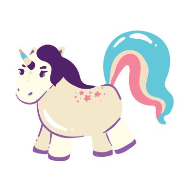 Beyaz arkaplanda izole edilmiş şirin tek boynuzlu atlar.