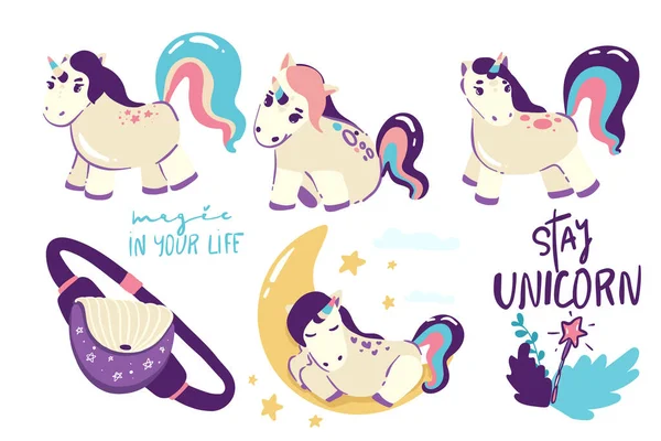 Set Cute Cartoon Unicorns Diisolasi Pada Latar Belakang Putih - Stok Vektor