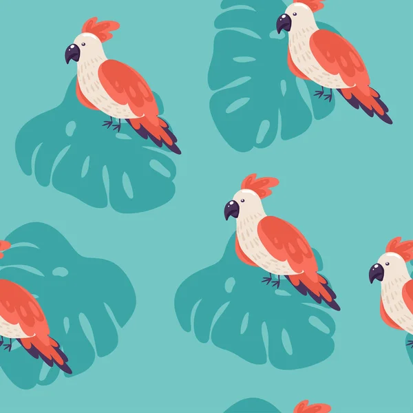 热带模式与鹦鹉和热带叶子 矢量无缝纹理 时尚插图 — 图库矢量图片
