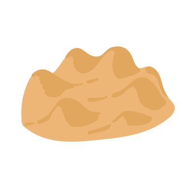 Beyaz arka planda izole edilmiş kum yığını. Çölde ya da sahilde kum tepeciği, inşaat ya da imalat malzemeleri. Dekoratif tasarım öğesi. Düz çizgi film tarzında renkli vektör illüstrasyonu.