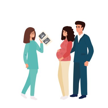 Pregnancy healthcare and support concept. Set of pregnant woman feeling pain in back looking at ultrasound from doctor crying after losing baby feeling happy knowing of pregnancy vector illustration