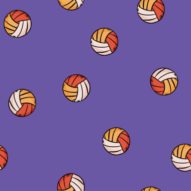 Mavi arka planda voleybol illüstrasyonu. Sarı ve beyaz, mavi çizgili. Kusursuz desen. El çizimi vektör. Duvar kağıdı, ambalaj kağıdı, arkaplan, kumaş için karalama sanatı. spor simgesi