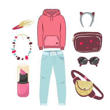 Beyaz arka planda izole edilmiş kadın kıyafetleri ve aksesuarlarından oluşan el yapımı bir kolaj. Sıradan ve zarif bir kadınsı tarzda bir kıyafet. Kapüşonlu.