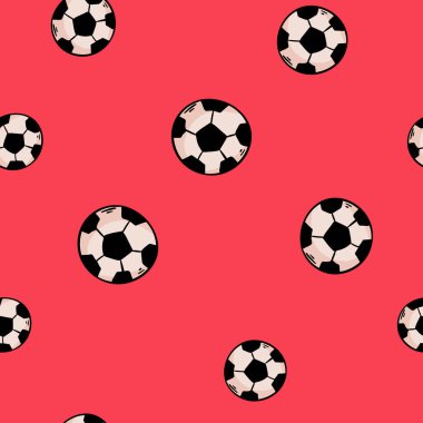 Yeşil bir sahada futbol toplarıyla kusursuz desen. El çizimi futbol topları ve futbol çizgili çim sahası. Spor posterleri, afişler ve tasarım tasarımı için vektör illüstrasyonuName.